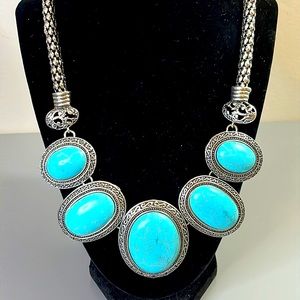 Faux turquoise silver tone boho collar statement necklace